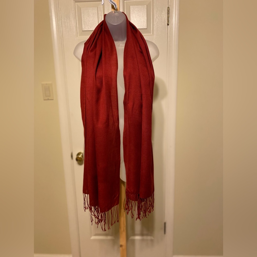 NWOT Lovely burgundy color long scarf with fringes, Size: 30”W x 70”L